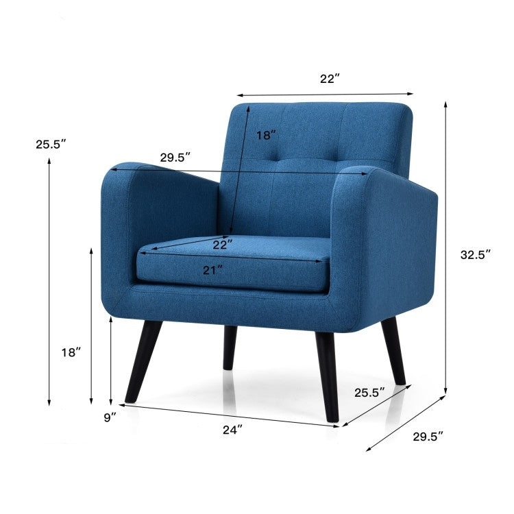 Mid-Century Modern Blue Linen Upholstered Accent Chair with Wooden Legs