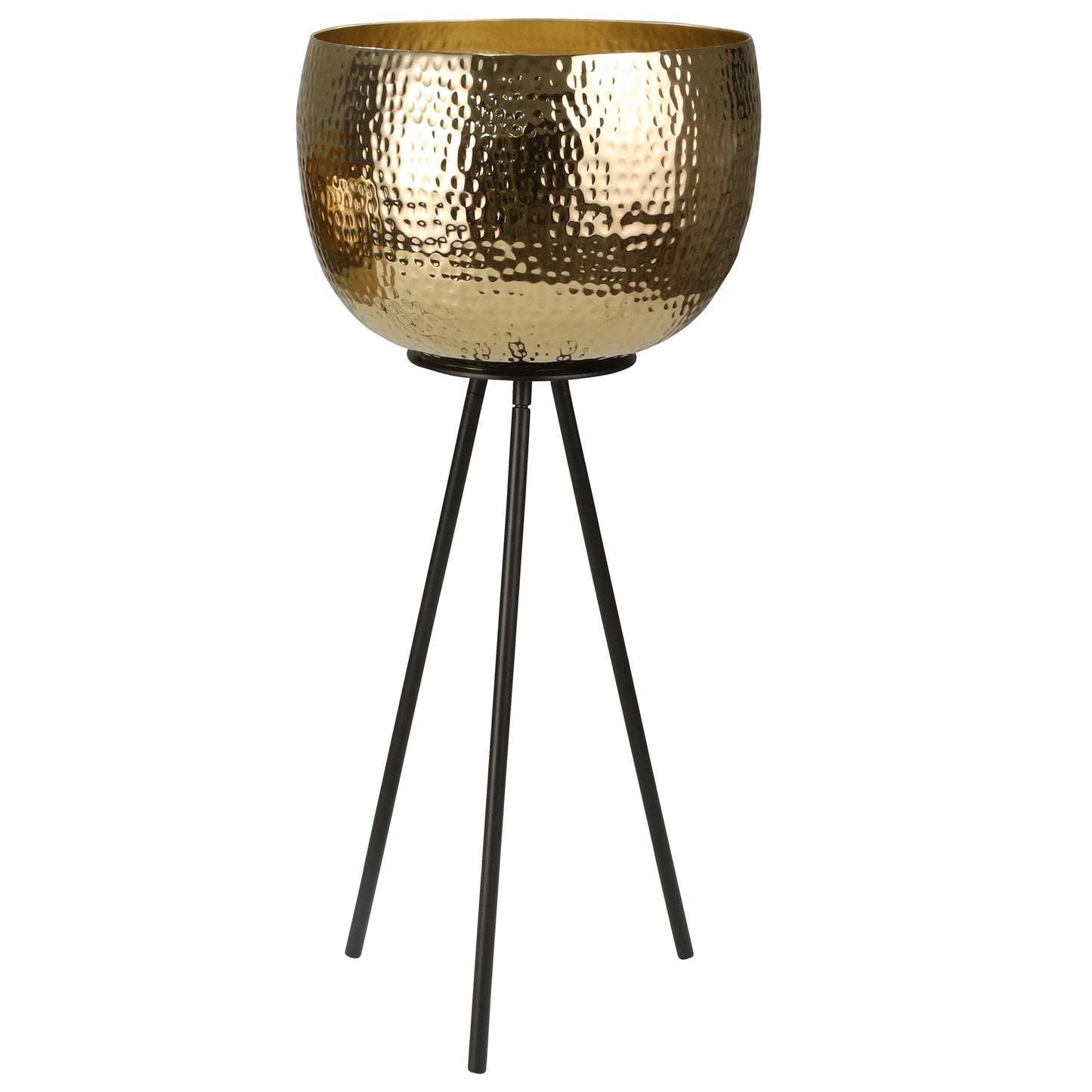 Hammered Textured Metal Bowl Planters on Tripod Base, Set of 2, Gold and Black