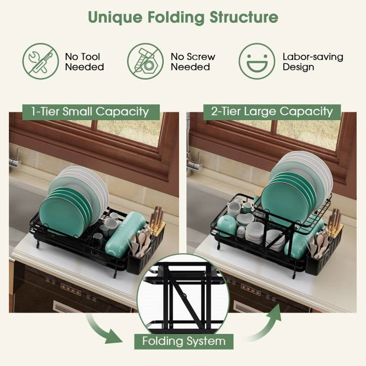 2 Tier Black Metal Foldable Dish Rack with Removable Drip Tray