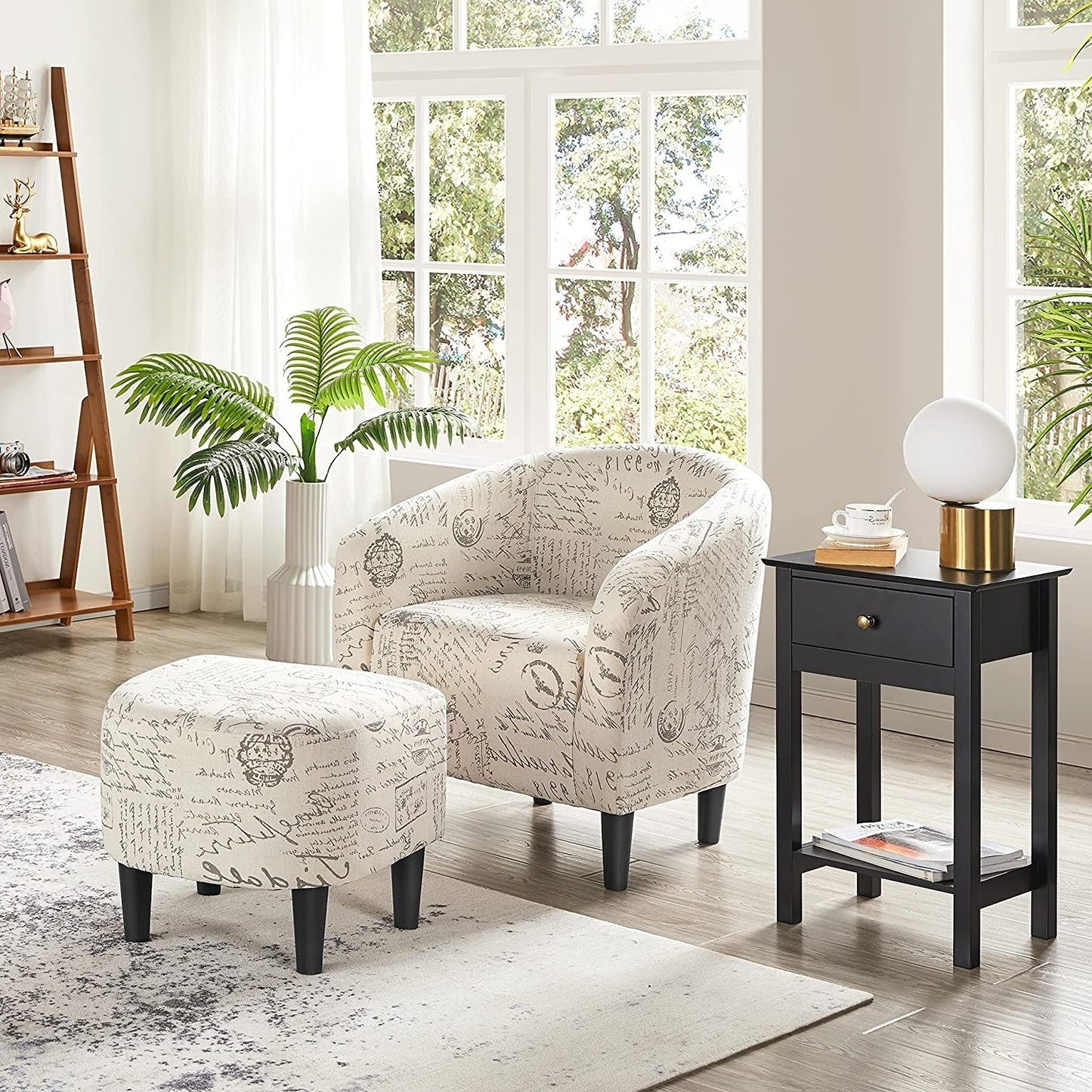 Letter Print French Upholstered Barrel Chair and Ottoman Set