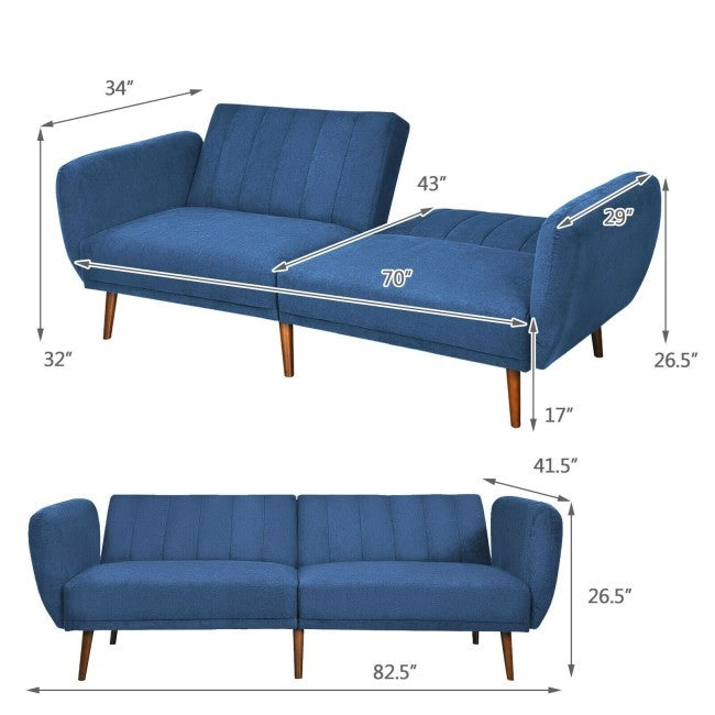 Modern Scandinavian Blue Linen Upholstered Sofa Bed with Wooden Legs