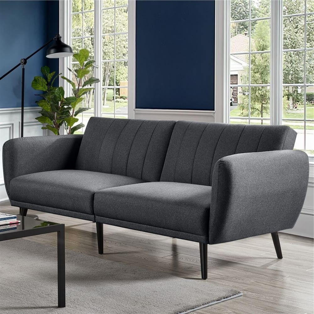 Modern Scandinavian Dark Grey Linen Upholstered Sofa Bed with Wooden Legs