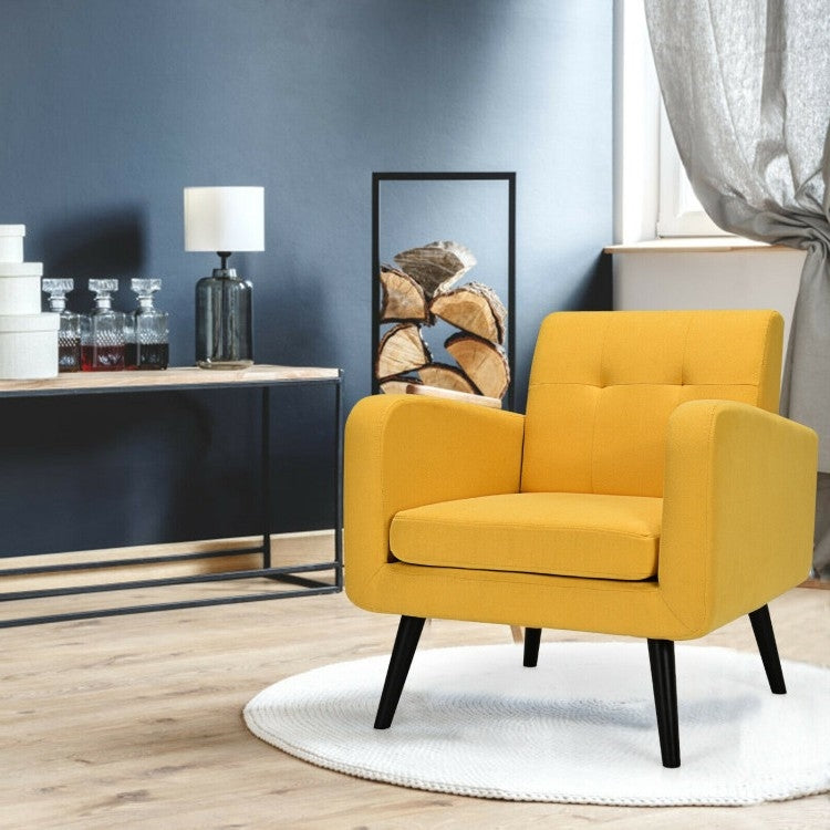 Mid-Century Modern Yellow Linen Upholstered Accent Chair with Wooden Legs