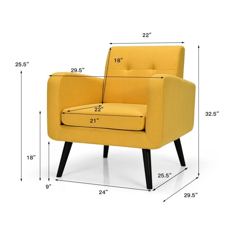 Mid-Century Modern Yellow Linen Upholstered Accent Chair with Wooden Legs