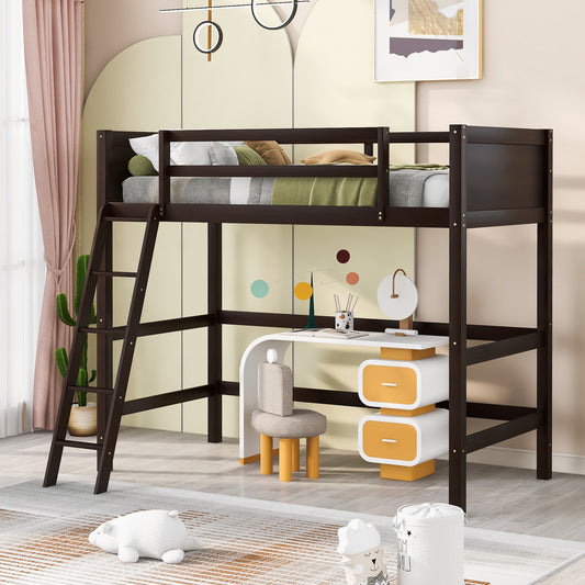 Solid Wood Twin Size Loft Bed with Ladder(Espresso)