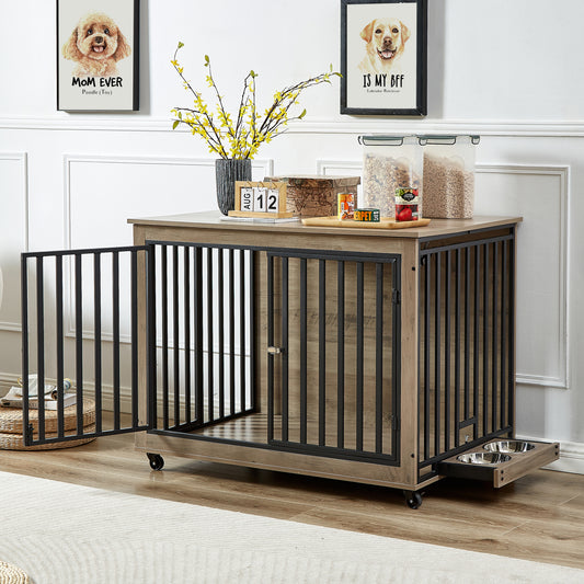 Furniture Style Dog Crate Side Table With Feeding Bowl