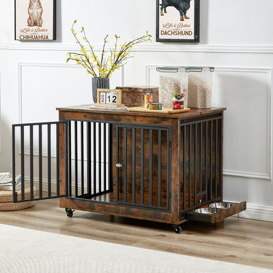 Furniture Style Dog Crate Side Table With Feeding Bowl