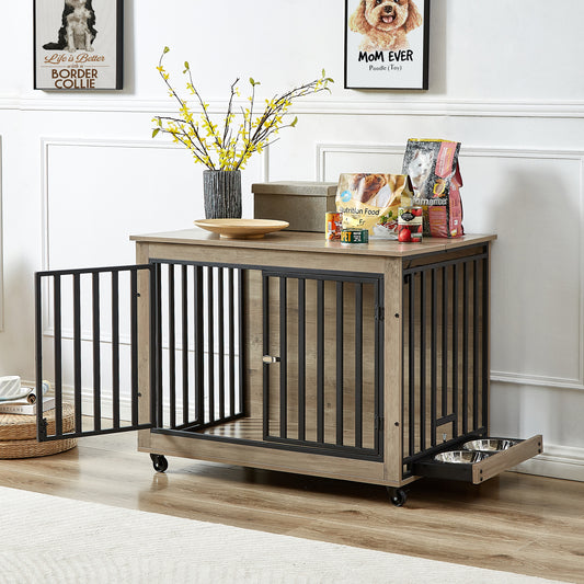 Furniture Style Dog Crate Side Table With Feeding Bowland wheels